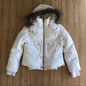 BCBG Cream Hooded Puffer Coat Fur Trimmed Hood